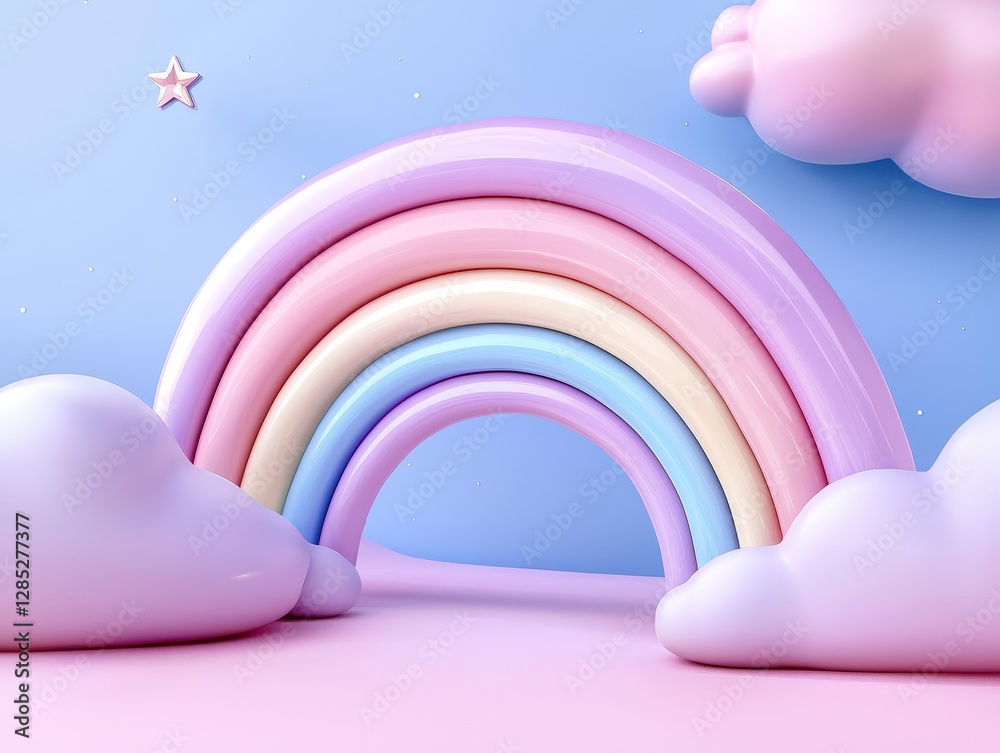 Obraz premium Pastel Rainbow Dreamscape with Clouds and Star on Blue Background a Whimsical Design for Childrens Content