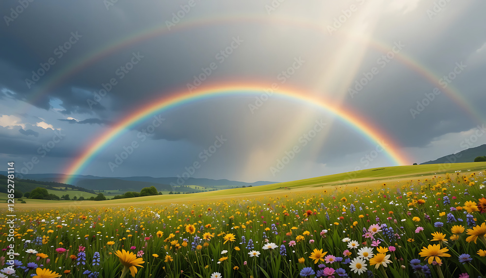 Naklejka premium Behold mesmerizing spectacle of a resplendent rainbow gracefully curving across a plentiful meadow