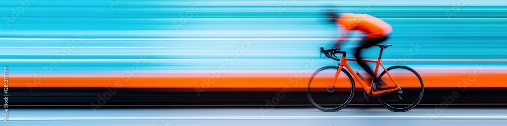 Fototapeta premium Dynamic Urban Commuting Vibrant Cyclist on Streamlined Bicycle in a Dedicated Lane - Promoting Sustainable Mobility and Modern City Safety Gear