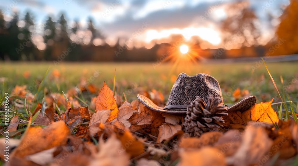 Obraz premium Cowboy hat autumn sunset field leaves