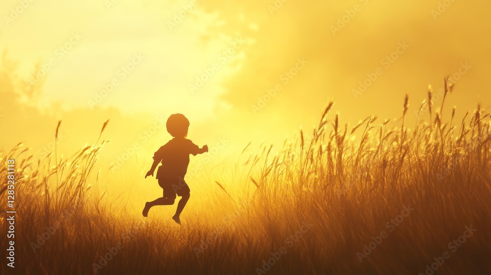 Child Joyfully Running Through Tall Grass at Sunset in a Warm, Serene Mood Child Joyfully Running Through Tall Grass at Sunset in a Warm, Serene Mood