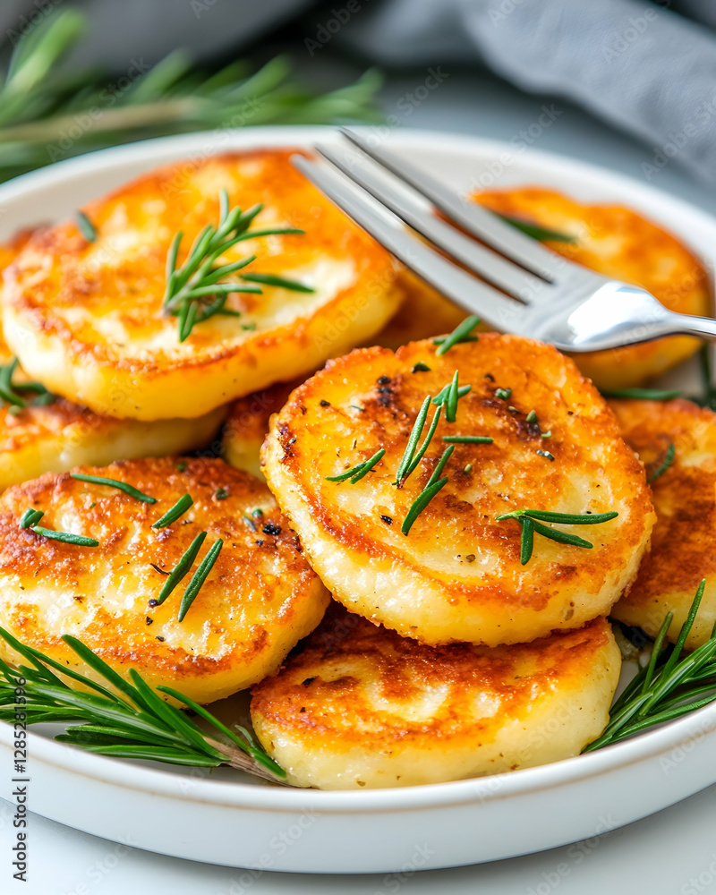 Crispy potato pancakes with rosemary, close-up food photography for recipe blogs Crispy potato pancakes with rosemary, close-up food photography for recipe blogs