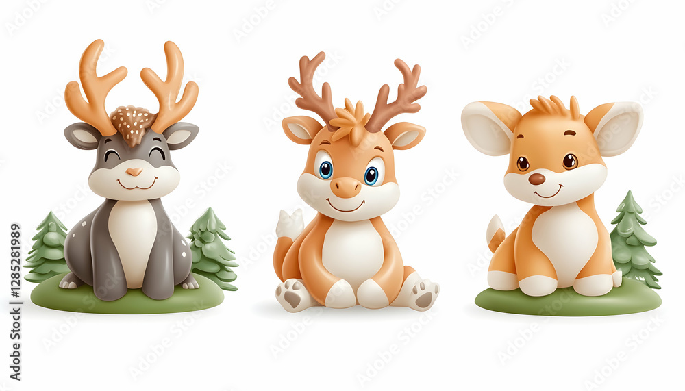 Cute cartoon reindeer and fox, forest scene, winter holiday, children's book illustration Cute cartoon reindeer and fox, forest scene, winter holiday, children's book illustration
