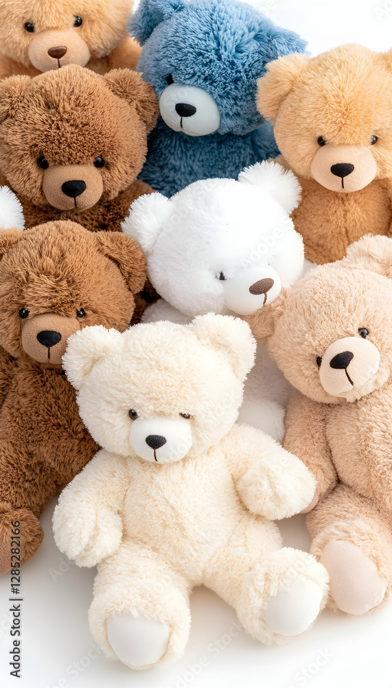 Cute teddy bears arranged on white background; children's toys; e-commerce product shot Cute teddy bears arranged on white background; children's toys; e-commerce product shot