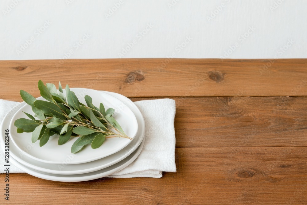 Minimalist Dining Setup Wooden Table with White Ceramic Plates and Greenery - Stress-Free Home Decor and Modern Interior Lifestyle Promotion Minimalist Dining Setup Wooden Table with White Ceramic Plates and Greenery - Stress-Free Home Decor and Modern Interior Lifestyle Promotion