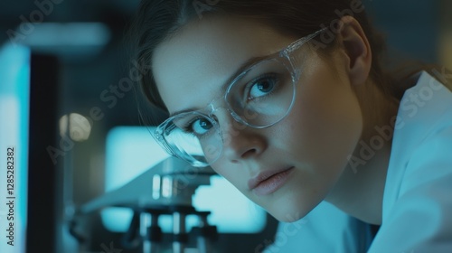 A biochemist analyzing lipid research data in a laboratory. Featuring focus and scientific rigor