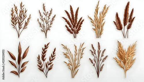 Dried floral arrangements, autumnal colors, white background, design elements