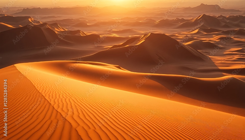 Golden Sand Dunes in Desert at Sunset – Vast and Serene Landscape