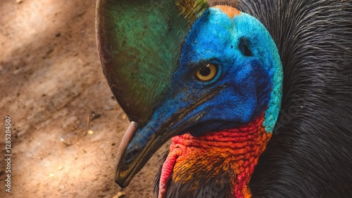 Close-up portrait of a colorful cassowary bird, native to Australia and New Guinea, showcasing its unique plumage and distinct features