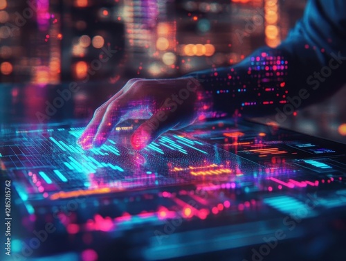 Manager reviewing performance charts with glowing holographic KPIs, modern workspace, soft vibrant lighting, photorealistic