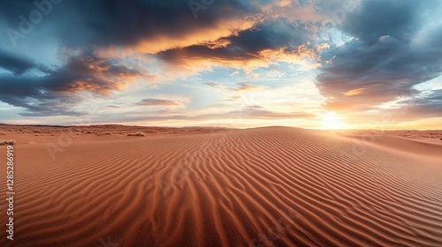 Twilight Dunes, serene desert landscape, wind-shaped formations, dramatic colors, evokes solitude and raw natural beauty