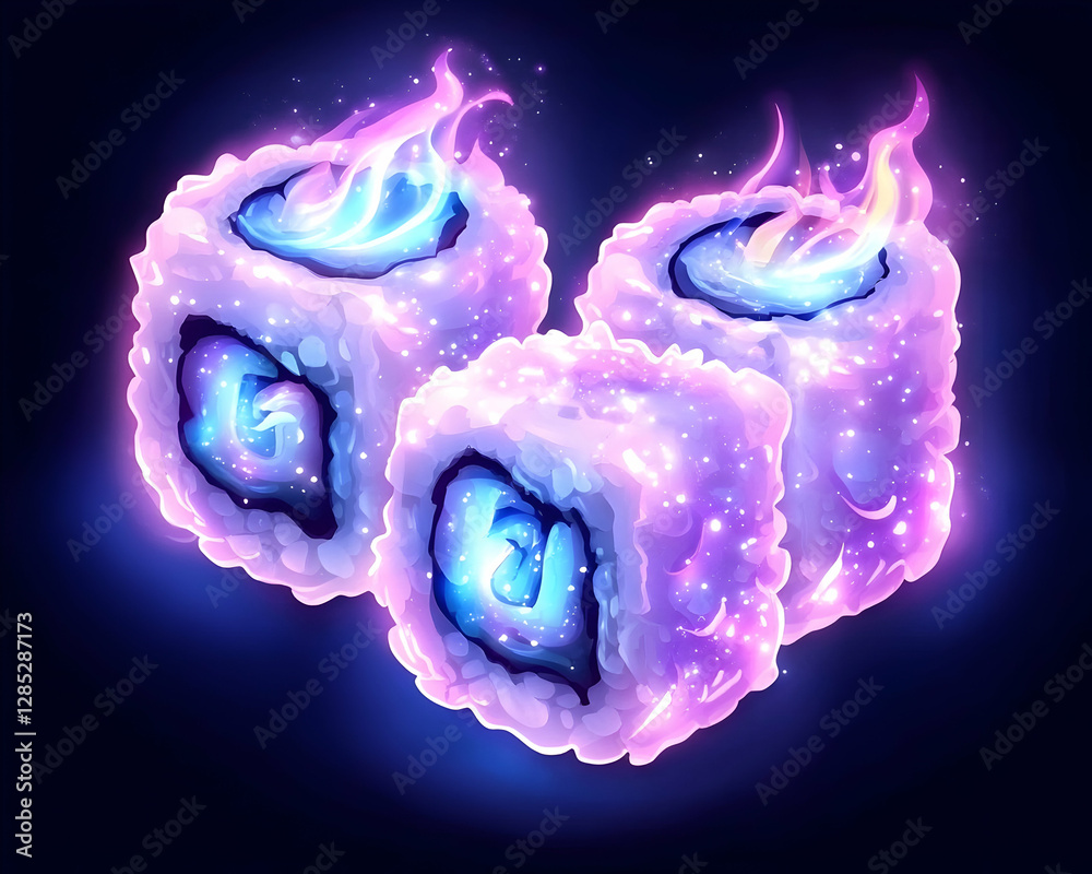Naklejka premium Flaming Sushi Rolls, Cosmic Glow, Dark Background, Food Illustration