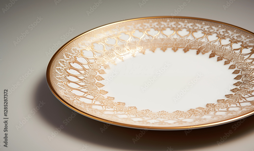 White Porcelain Plate with Gold Filigree Design White Porcelain Plate with Gold Filigree Design