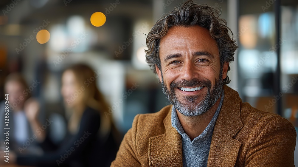 A happy man in a dynamic office space, smiling confidently at the camera with collaborating coworkers in the background. A happy man in a dynamic office space, smiling confidently at the camera with collaborating coworkers in the background.