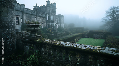 A historic castle overlooking a sprawling countryside estate, ancient stone walls surrounding a lush garden, a sense of grandeur and mystery, twilight lighting, dramatic lighting, soft focus, 
