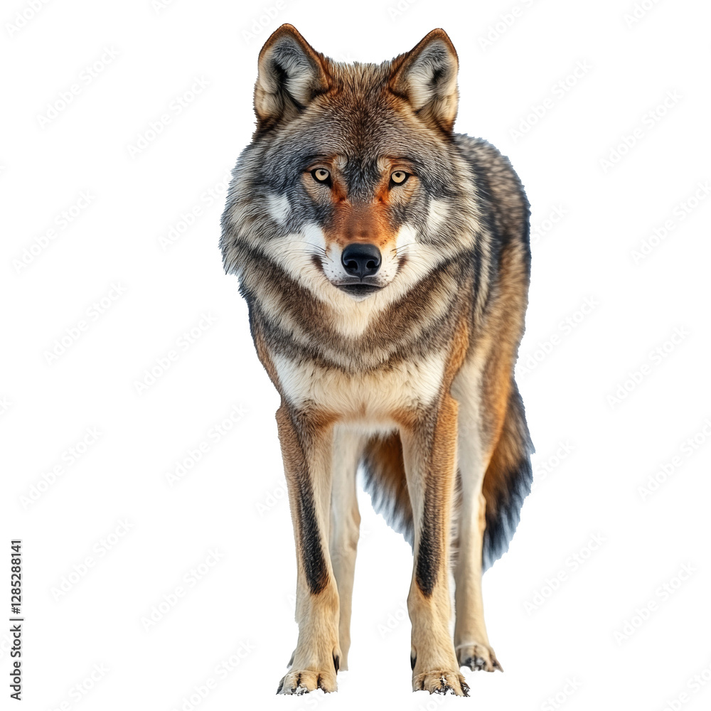 Fototapeta premium wild hungry angry adult wolf full length looking at camera with menacing look, isolate on transparent white background