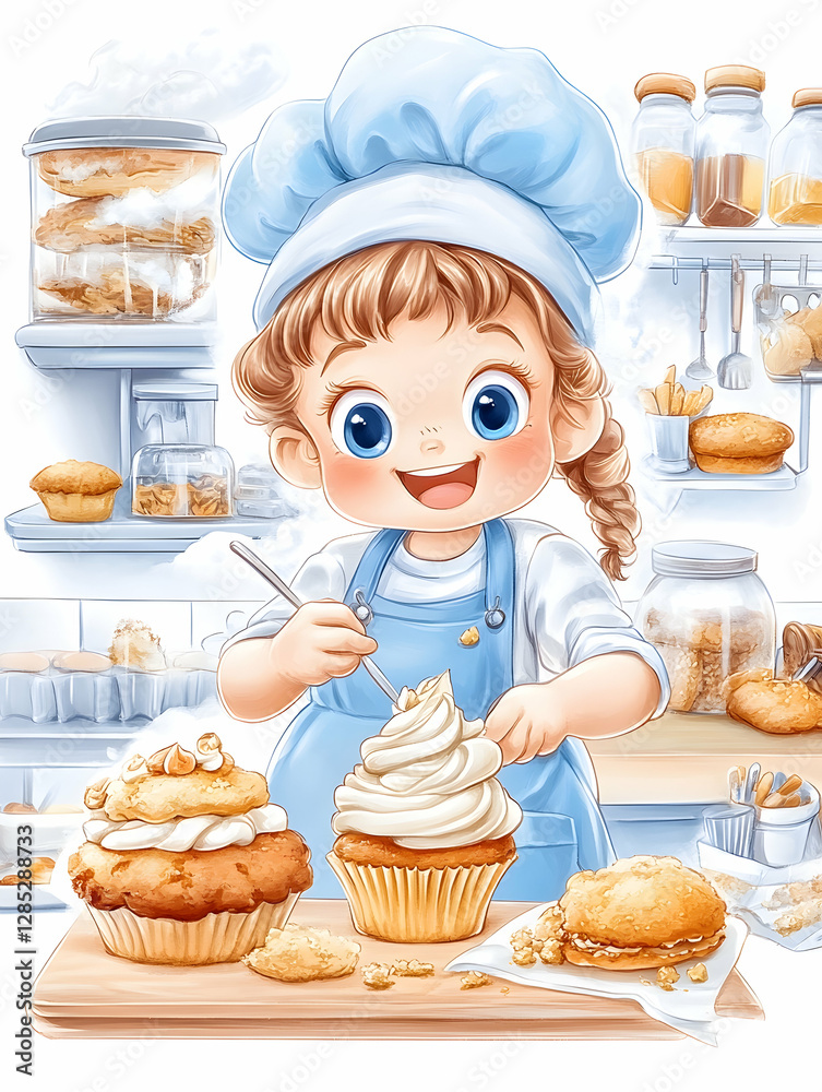 Girl chef decorating cupcakes in kitchen Girl chef decorating cupcakes in kitchen
