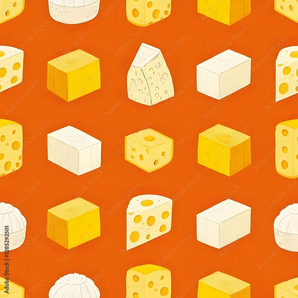 Obraz premium Seamless Cheese Pattern – Melted Cheese, Cheese Wheels, and Shredded Cheese on Yellow Background