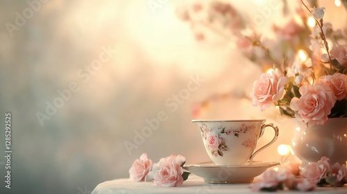 Vintage tea party celebration, elegant cups raised in toast, delicate floral tableware, soft pastel colors, joyful ambiance