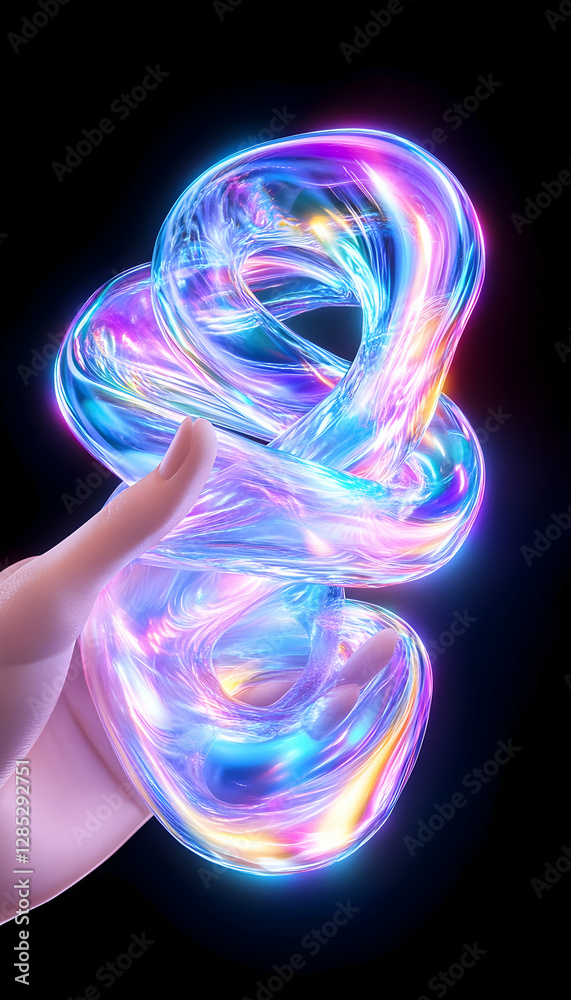 Naklejka premium Glowing spirals held in hand, dark background, science concept