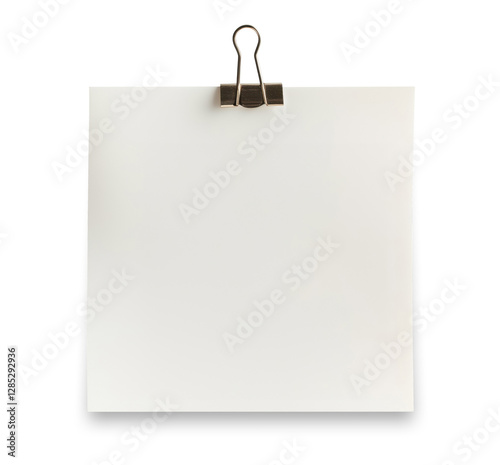 White paper note with binder clip isolated on transparent background