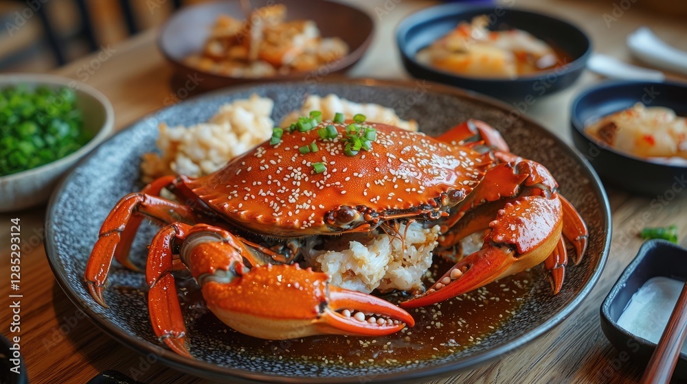 Sesame glazed crab with rice and vegetable side dishes Sesame glazed crab with rice and vegetable side dishes