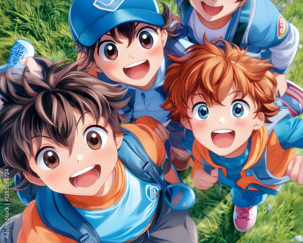 Happy boys smiling outdoors, grassy field background, friendship illustration