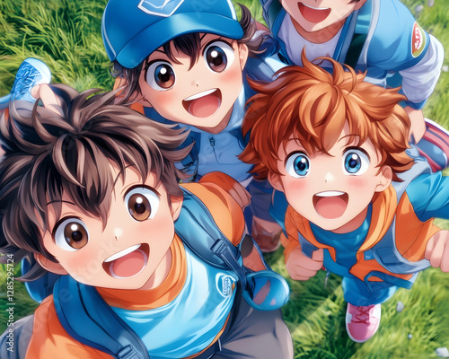 Obraz na płótnie Happy boys smiling outdoors, grassy field background, friendship illustration w salonie