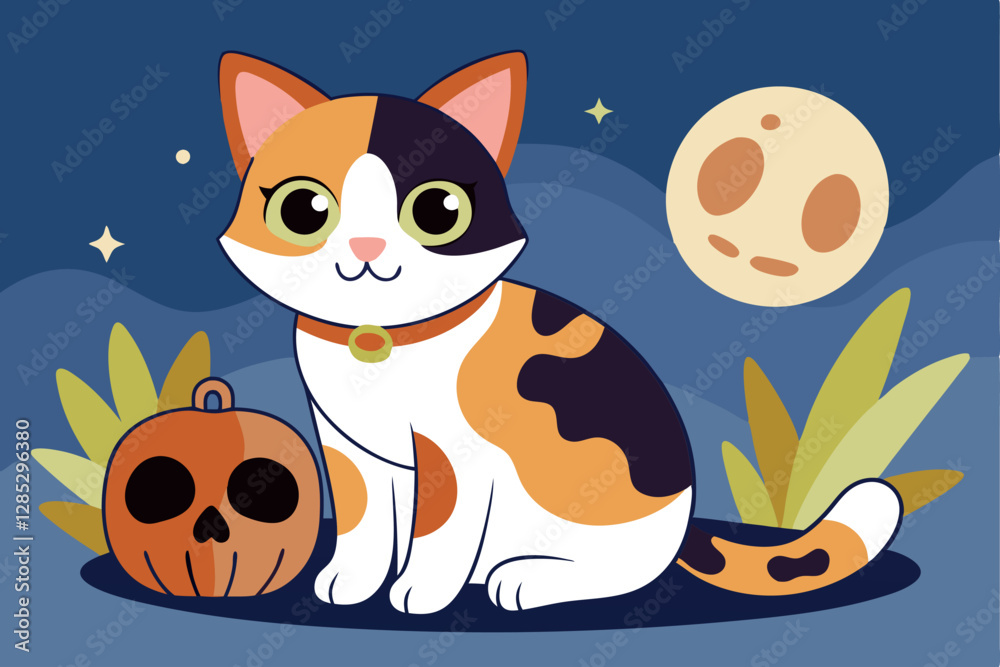 Fototapeta premium Cat Vector Halloween Skeleton Skull Bone Kitten Pastel Color Calico Sitting Icon Logo Symbol Cartoon Character Illustration Doodle Isolated Design. 