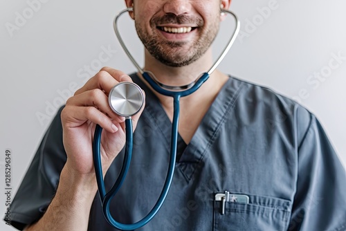 Smiling Male Nurse Holding Stethoscope Close-Up, Gray Scrubs, Isolated on White Background, Medicine, Healthcare Professional, Medical Concept