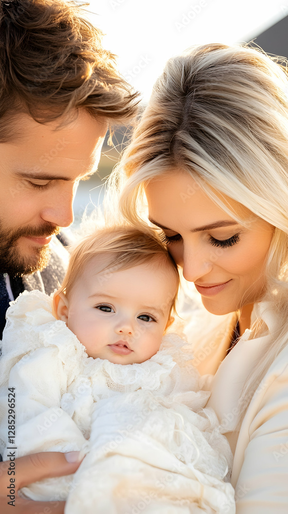 Happy family portrait parents cuddling baby, outdoors, sunset Happy family portrait parents cuddling baby, outdoors, sunset