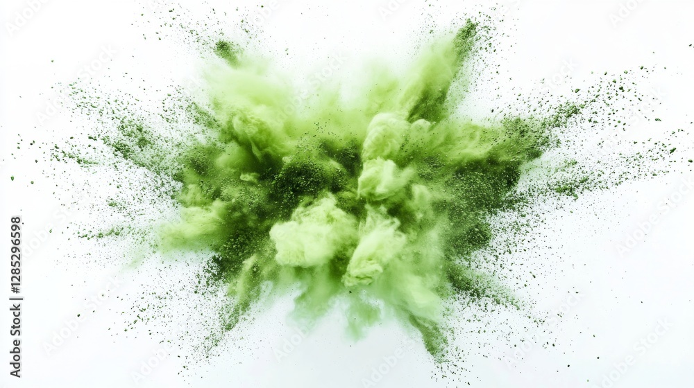 Fototapeta premium Abstract Green Powder Explosion Dynamic Color Burst White Background Creative Design Element
