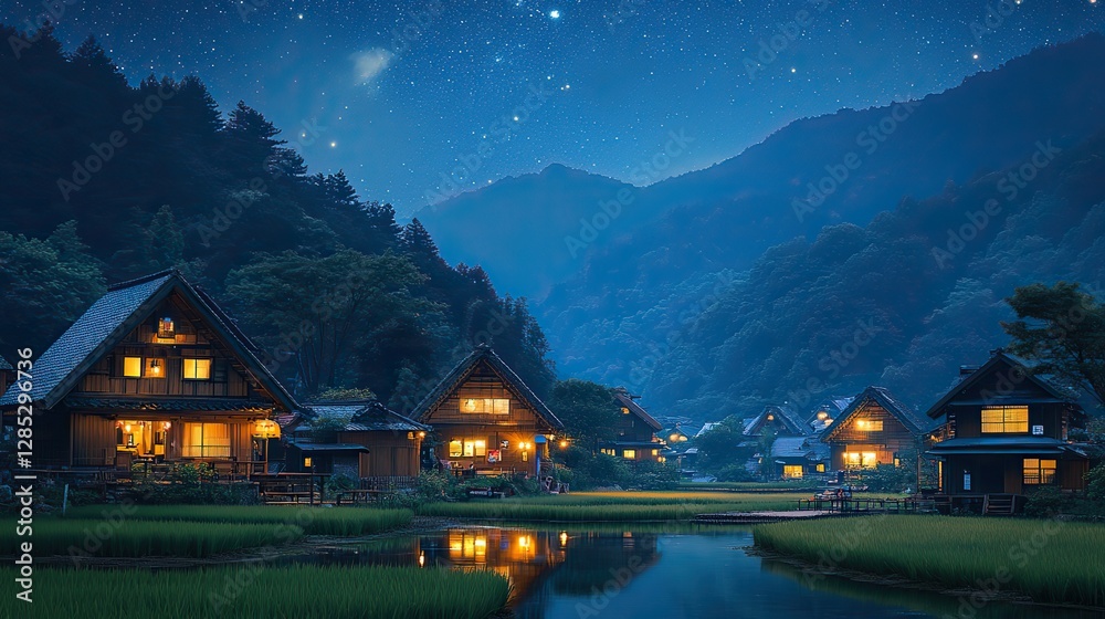 Fototapeta premium A Japanese village at night is illuminated by a starry sky and surrounded by rice fields.