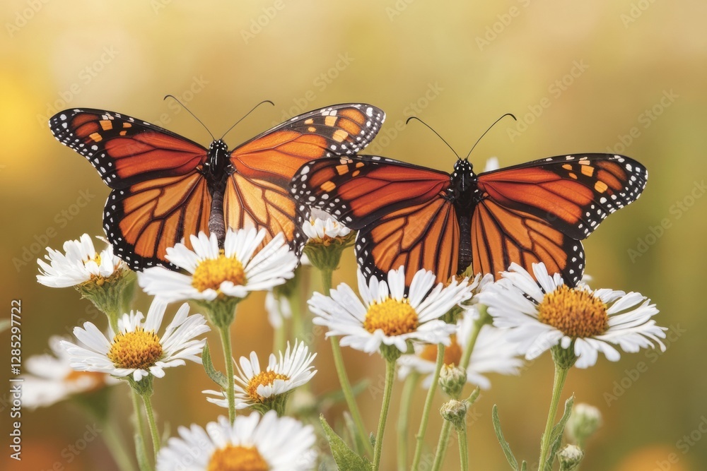 Fototapeta premium Eco-Chic Earth Day Monarch Butterflies on Wildflowers for Spring Environmental Campaigns and Biodiversity Education in Nature-Inspired Visual Marketing