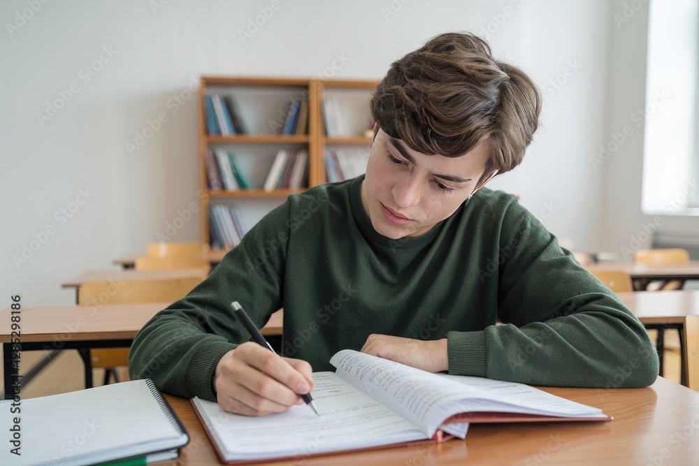 Thoughtful student in a classroom setting writing in a textbook, wearing a green sweatshirt, with a wooden desk and light background Thoughtful student in a classroom setting writing in a textbook, wearing a green sweatshirt, with a wooden desk and light background