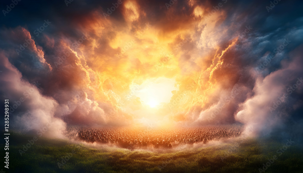 Fototapeta premium Heavenly army, fiery sky, hope, faith, battlefield