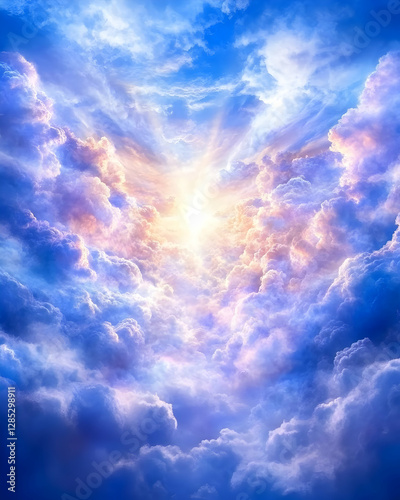 Heavenly light beams through vibrant cloudscape, spiritual hope, faith background