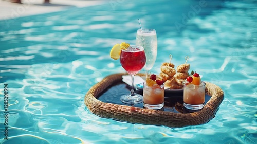 Refreshing drinks and snacks float on a wicker tray in water