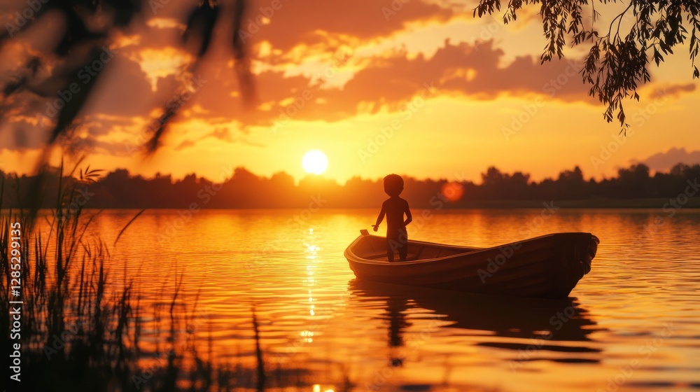 Child in a Small Boat at Sunset on Serene Lake, Summertime Relaxation Child in a Small Boat at Sunset on Serene Lake, Summertime Relaxation