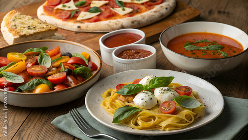 A variety of traditional Italian dishes arranged in a visually appealing way.