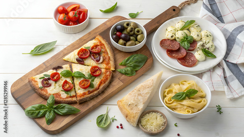 A variety of traditional Italian dishes arranged in a visually appealing way.