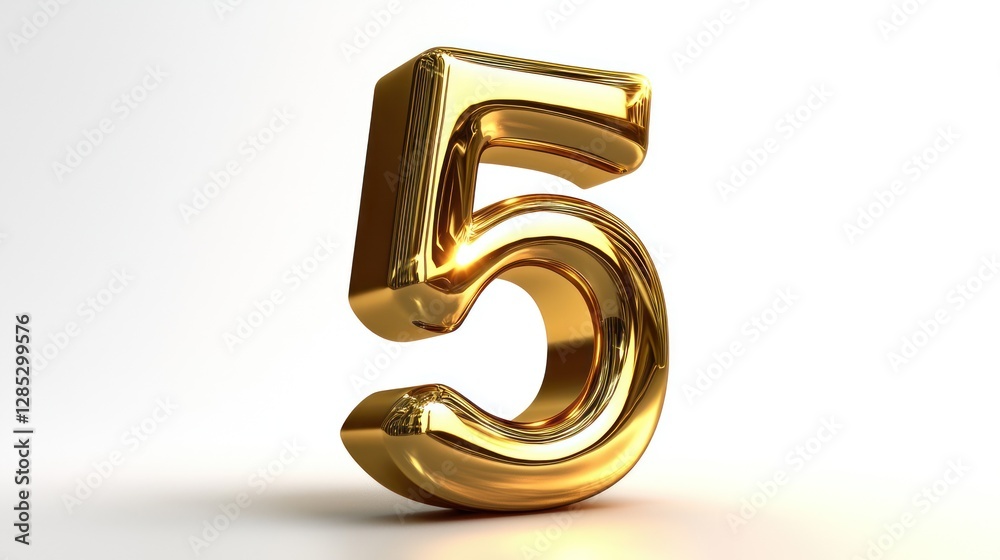 Shiny golden number five on a clean white background, symbolizing achievement and celebration Shiny golden number five on a clean white background, symbolizing achievement and celebration