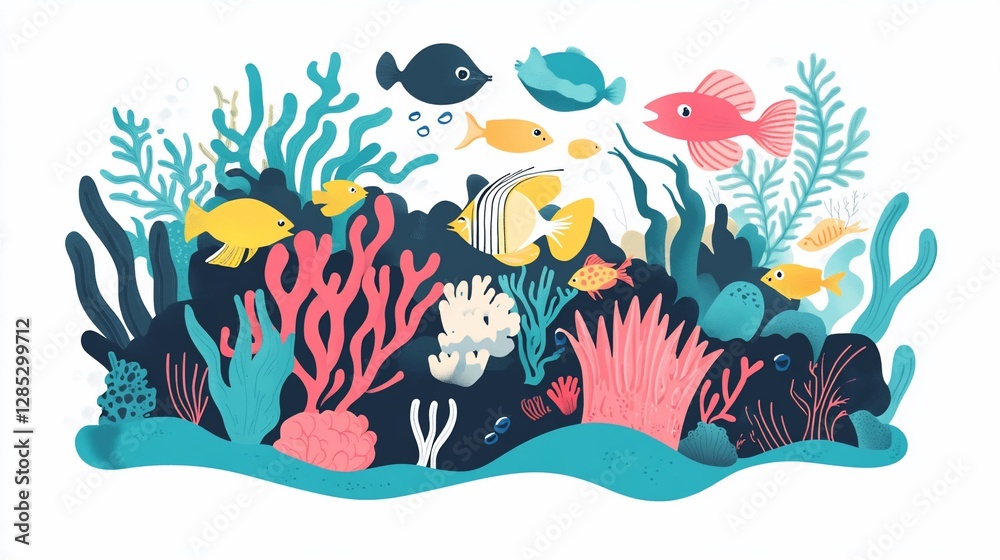 Fototapeta premium Vibrant underwater scene with colorful coral and fish in a whimsical illustration style