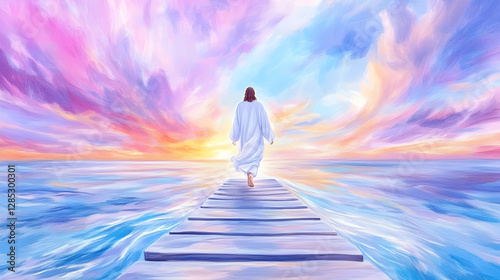 Jesus walks on water to heaven at sunset