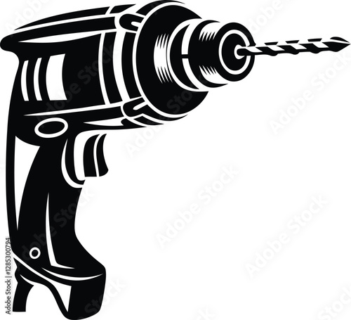 Hammer drill close-up isolated premium quality vector illustration, Hammer drill close-up silhouette and line art vector