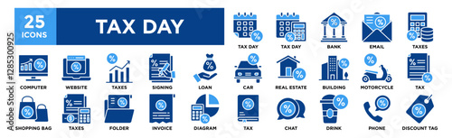 Tax Day icon collection set. Containing design Tax Day, Tax Day, Bank, Email, Taxes	
