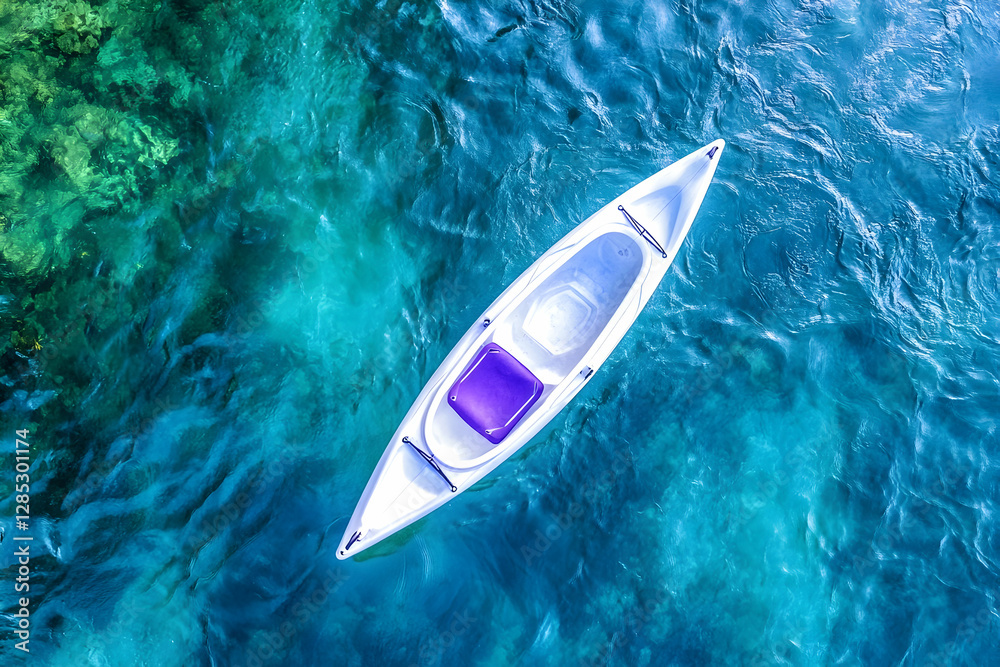 Kayaking in clear turquoise water, overhead view Kayaking in clear turquoise water, overhead view