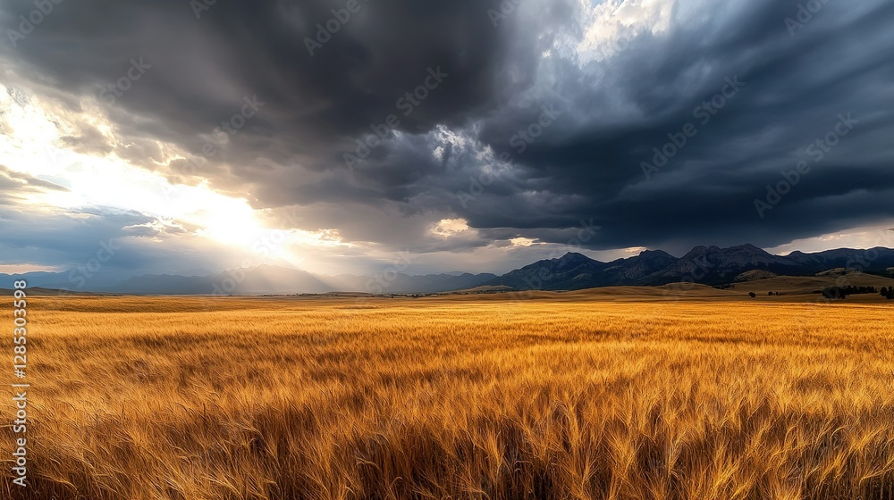 Golden wheat fields beneath stormy skies, sunlight piercing through clouds, nature's contrast of calm and chaos. Golden wheat fields beneath stormy skies, sunlight piercing through clouds, nature's contrast of calm and chaos.