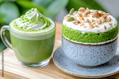 Matcha Latte and Matcha Cake Dessert, Cafe Setting photo