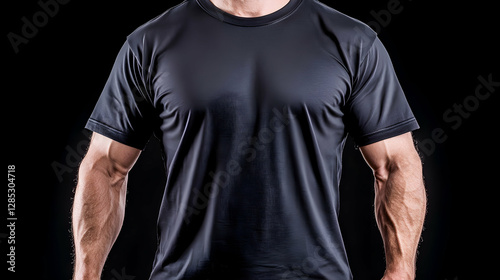 Muscular man, black shirt, dark background, fitness apparel photo